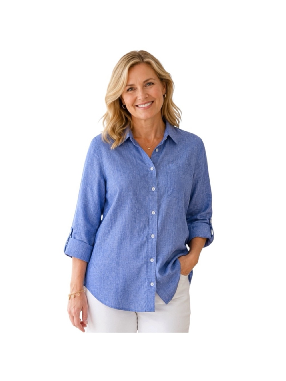 Chico’s 100% Linen Button Front Shirt Blue Roll Tab Sleeve Size 1.5 / Us 10